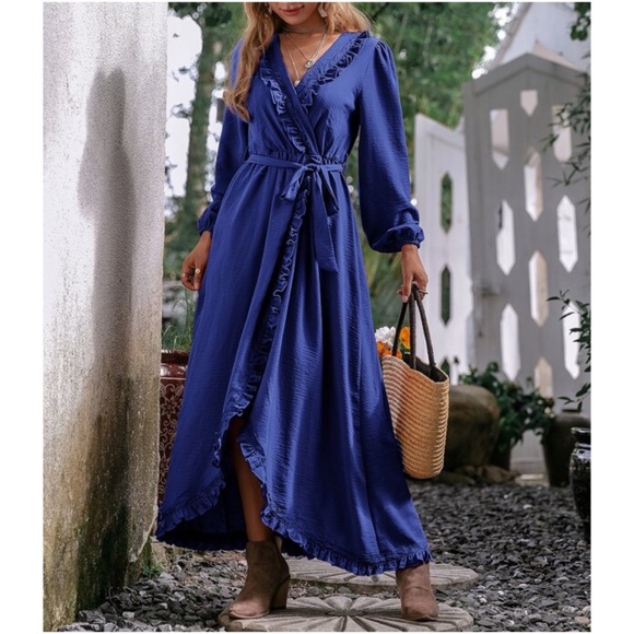 Bohemian Rust Orange Ruffle Wrap Maxi Dress Gypsy - Picture 2 of 13